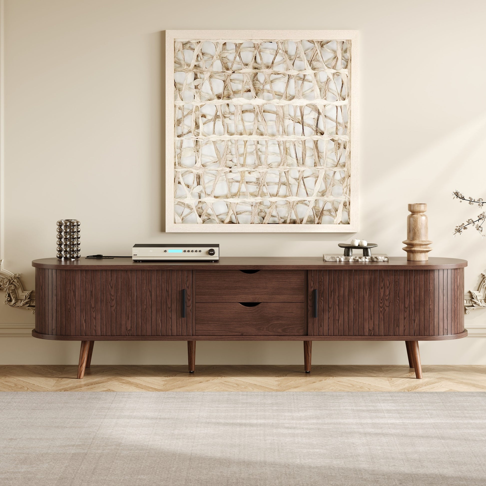 70 Inch Mid Century Modern TV Stand, TV Stand for 80 Inch TV, TV Stand with Tambour Doors, Drawers and Power Outlet, TV Consoles for Living Room, Bedroom