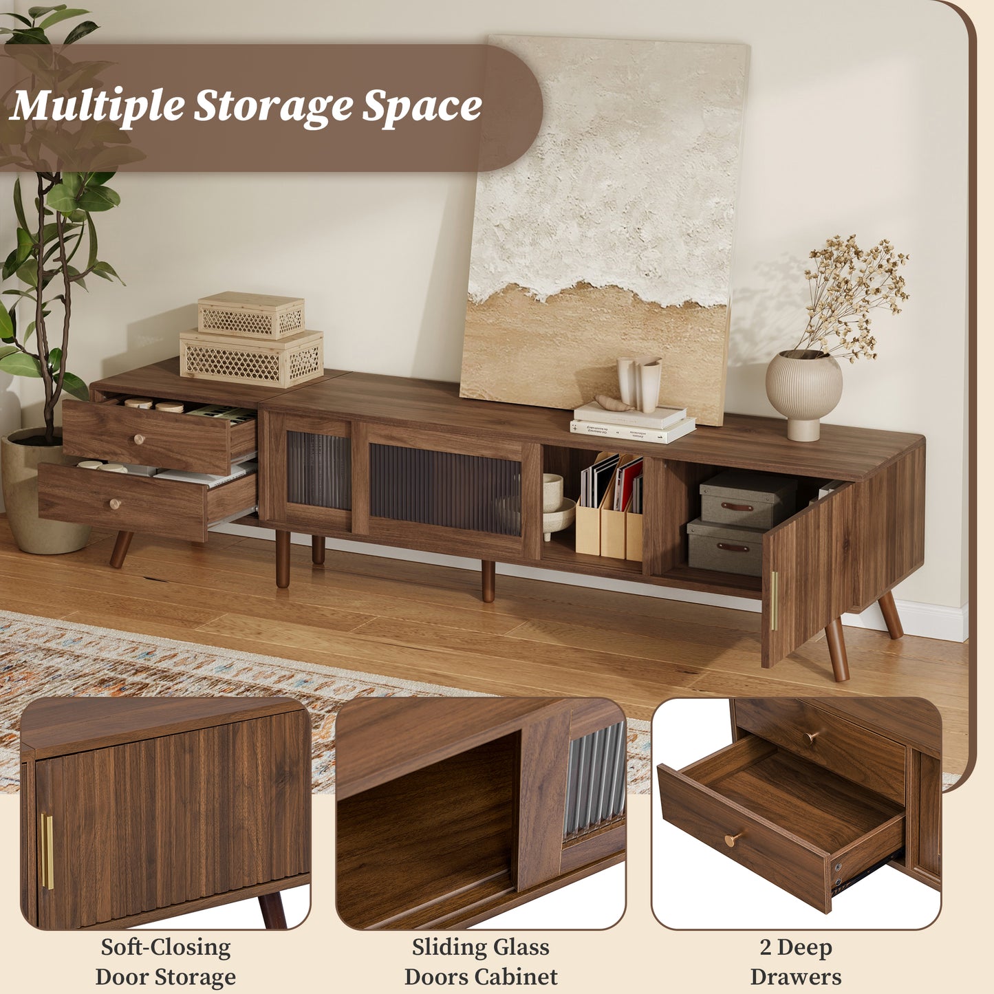 76 Inch Natural Wood TV Stand for 70-85 Inch TVs
