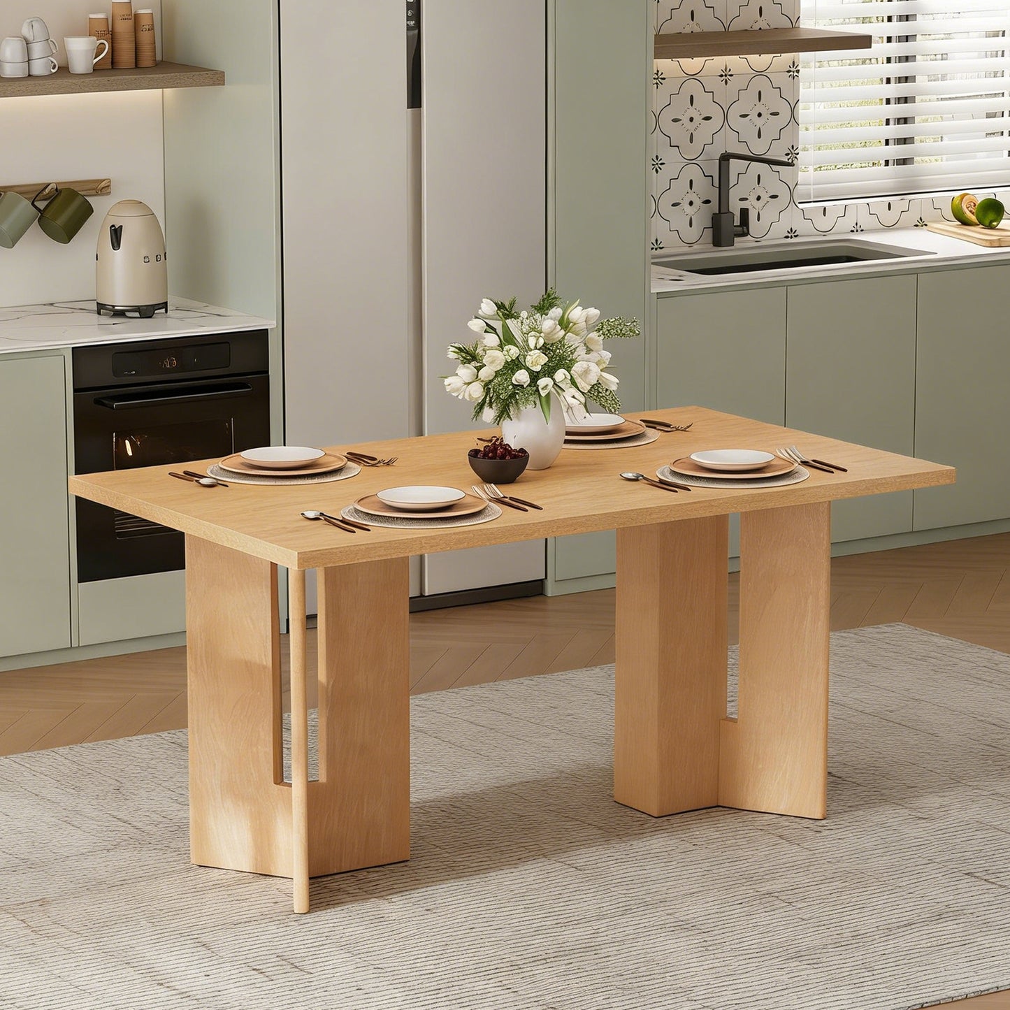 TREXM Farmhouse Wood Dining Table, 60" Rectangular Dining Table with Cutout Table Legs for Dining Room, Kitchen and Living Room (Natural Wood Wash)