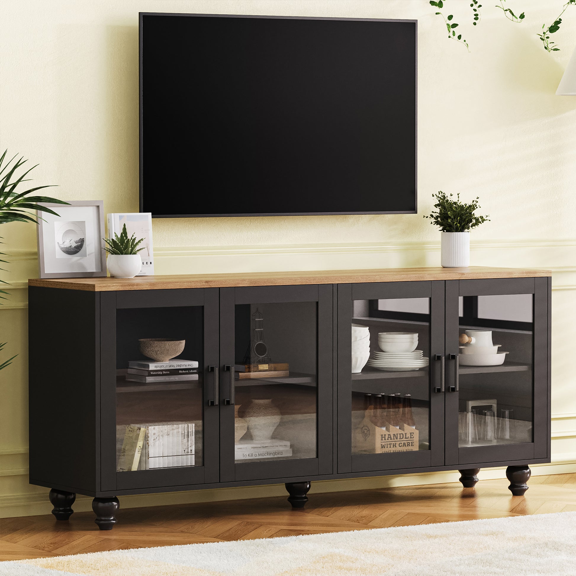 ON-TREND Farmhouse TV Stand with Tempered Glass Doors for TVs Up to 70", Versatile Sideboard with Adjustable Shelves, Elegant Buffet Cabinet with 5 Solid Wood Gourd-Shaped Legs for Living Room, Black