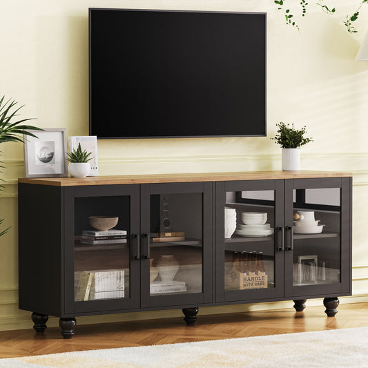 ON-TREND Farmhouse TV Stand with Tempered Glass Doors for TVs Up to 70", Versatile Sideboard with Adjustable Shelves, Elegant Buffet Cabinet with 5 Solid Wood Gourd-Shaped Legs for Living Room, Black