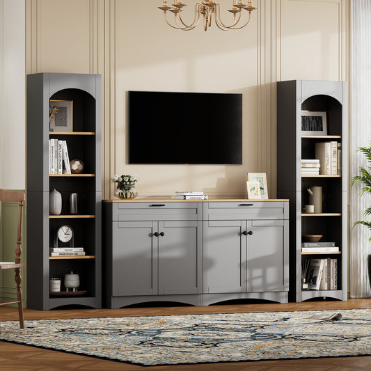 ON-TREND 3-Piece Farmhouse Entertainment Center with Storage Cabinet for TVs Up to 70", Mid-Century TV Stand with Bookshelf, Rustic Versatile Sideboard with Adjustable Shelves for Living Room, Grey