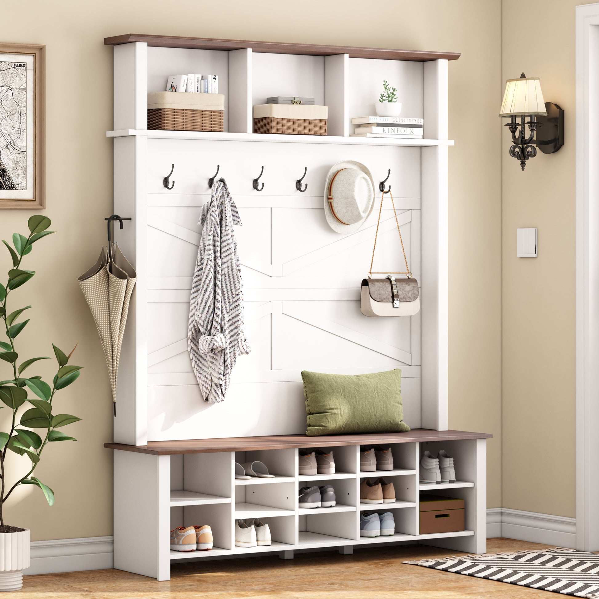 Farmhouse 4-in-1 Hall Tree with 6 Hooks, Walnut Entryway Bench with Shelves,  Wooden Style Rustic Shoe Organizer with 16 Open Compartments for Mudroom, Living Room, White (OLD SKU: N721P264915K)