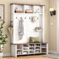 Farmhouse 4-in-1 Hall Tree with 6 Hooks, Walnut Entryway Bench with Shelves,  Wooden Style Rustic Shoe Organizer with 16 Open Compartments for Mudroom, Living Room, White (OLD SKU: N721P264915K)