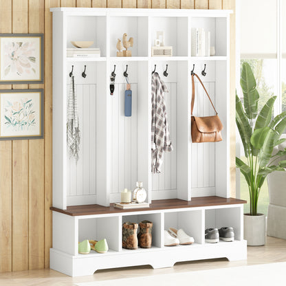 Farmhouse Hall Tree with 8 Hooks, Practical Entryway Bench with Open Compartments, 76.7"H Modern 3-in-1 Wooden Style Coat and Shoe Rack for Mudroom, Living Room, White (OLD SKU: N721P292601K)