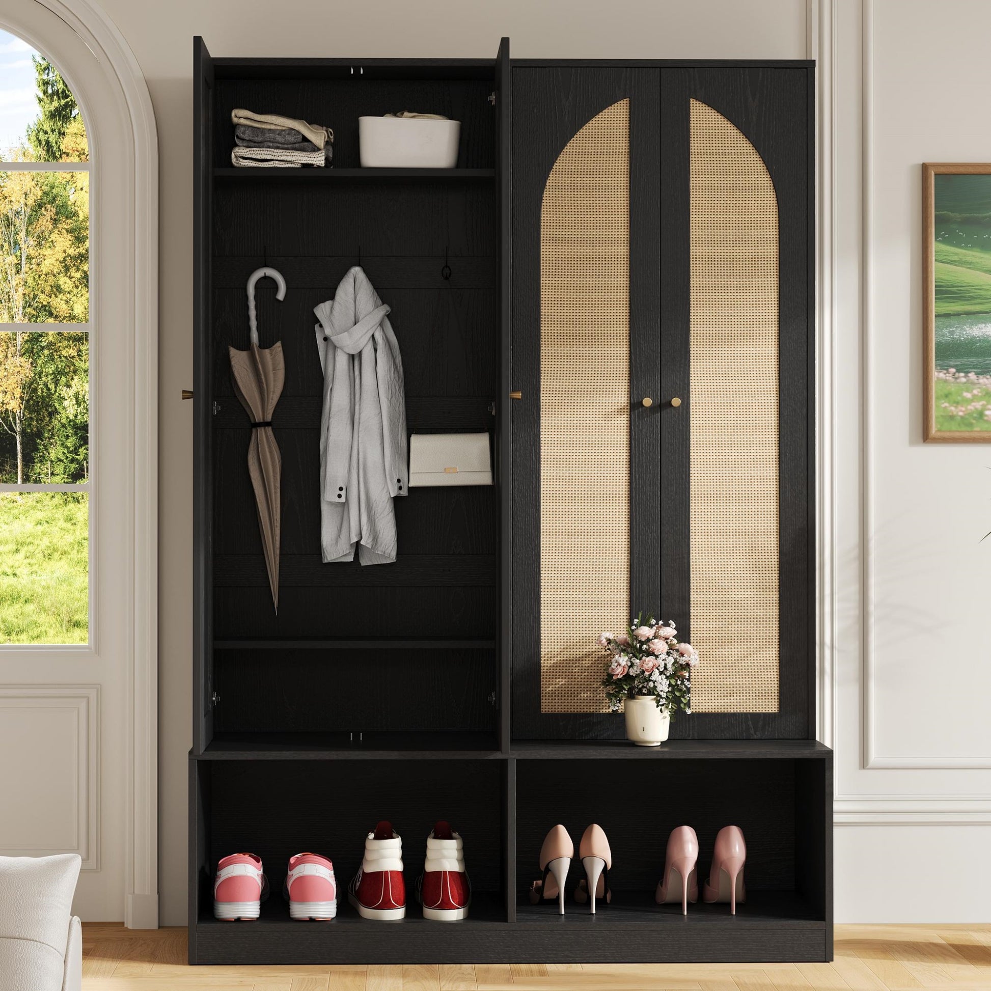 Living Room Black Rattan Farmhouse Hall Tree Bench with Shoe Cabinet for Entryway