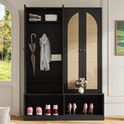 Living Room Black Rattan Farmhouse Hall Tree Bench with Shoe Cabinet for Entryway