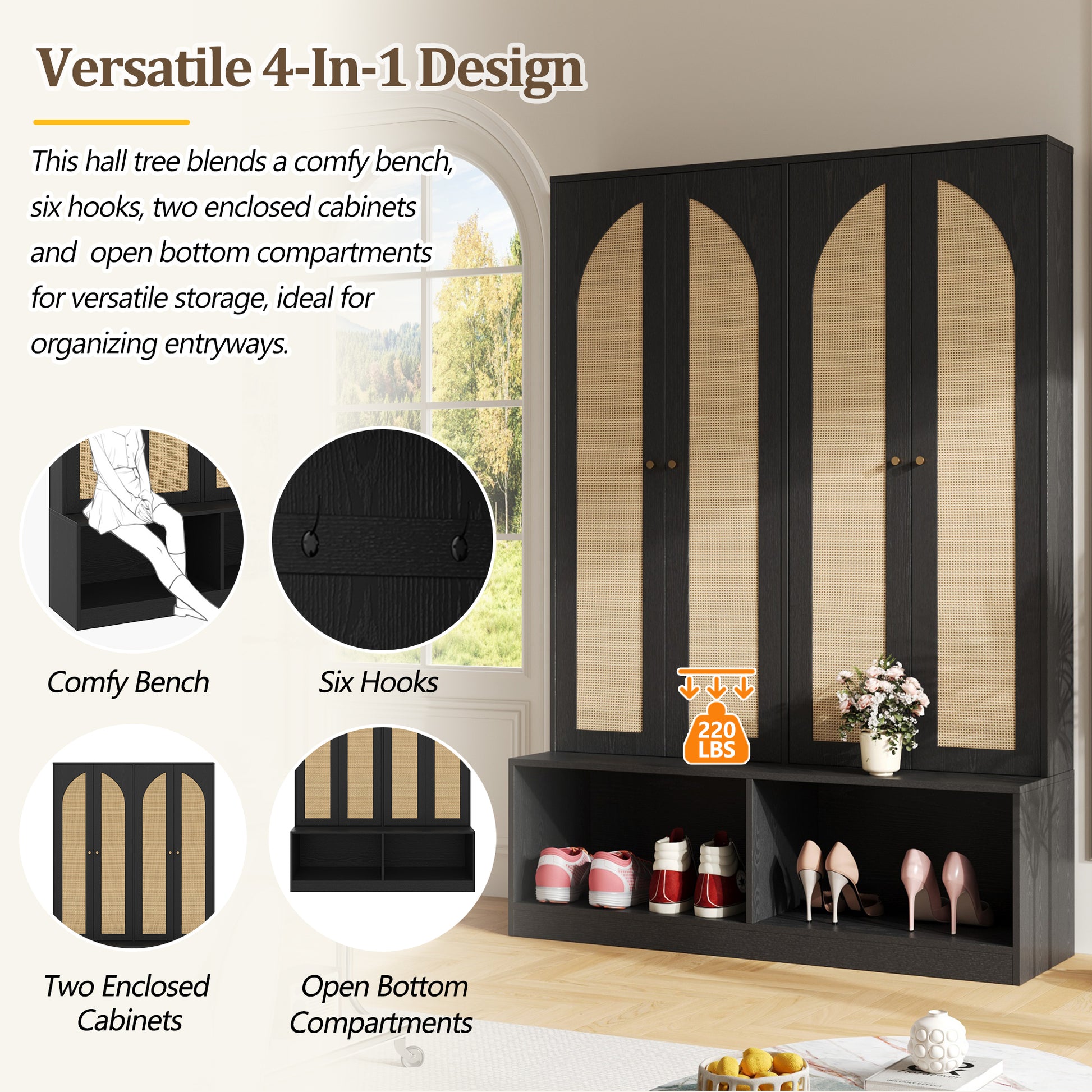 Living Room Black Rattan Farmhouse Hall Tree Bench with Shoe Cabinet for Entryway