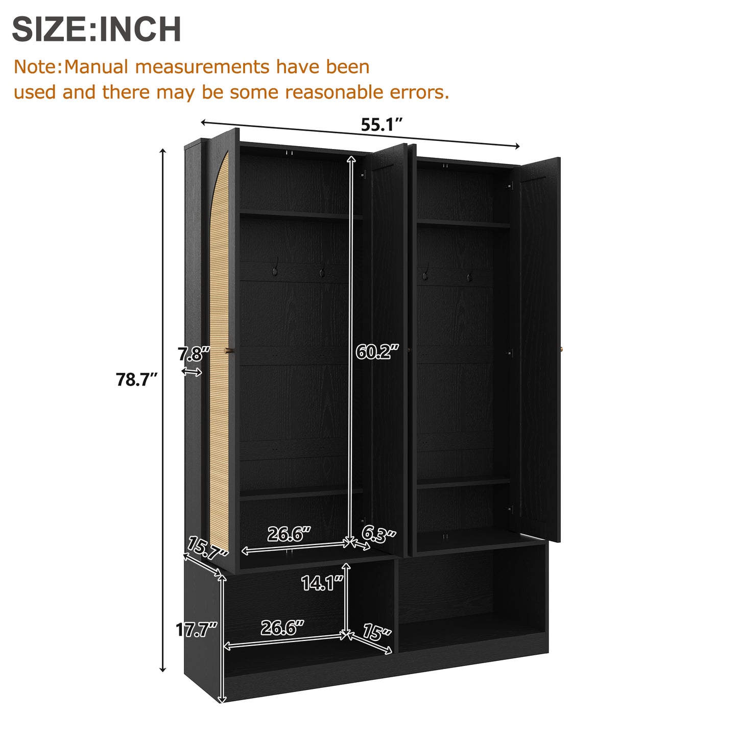 Living Room Black Rattan Farmhouse Hall Tree Bench with Shoe Cabinet for Entryway