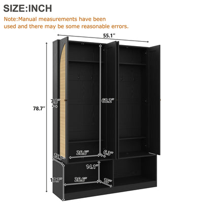 Living Room Black Rattan Farmhouse Hall Tree Bench with Shoe Cabinet for Entryway