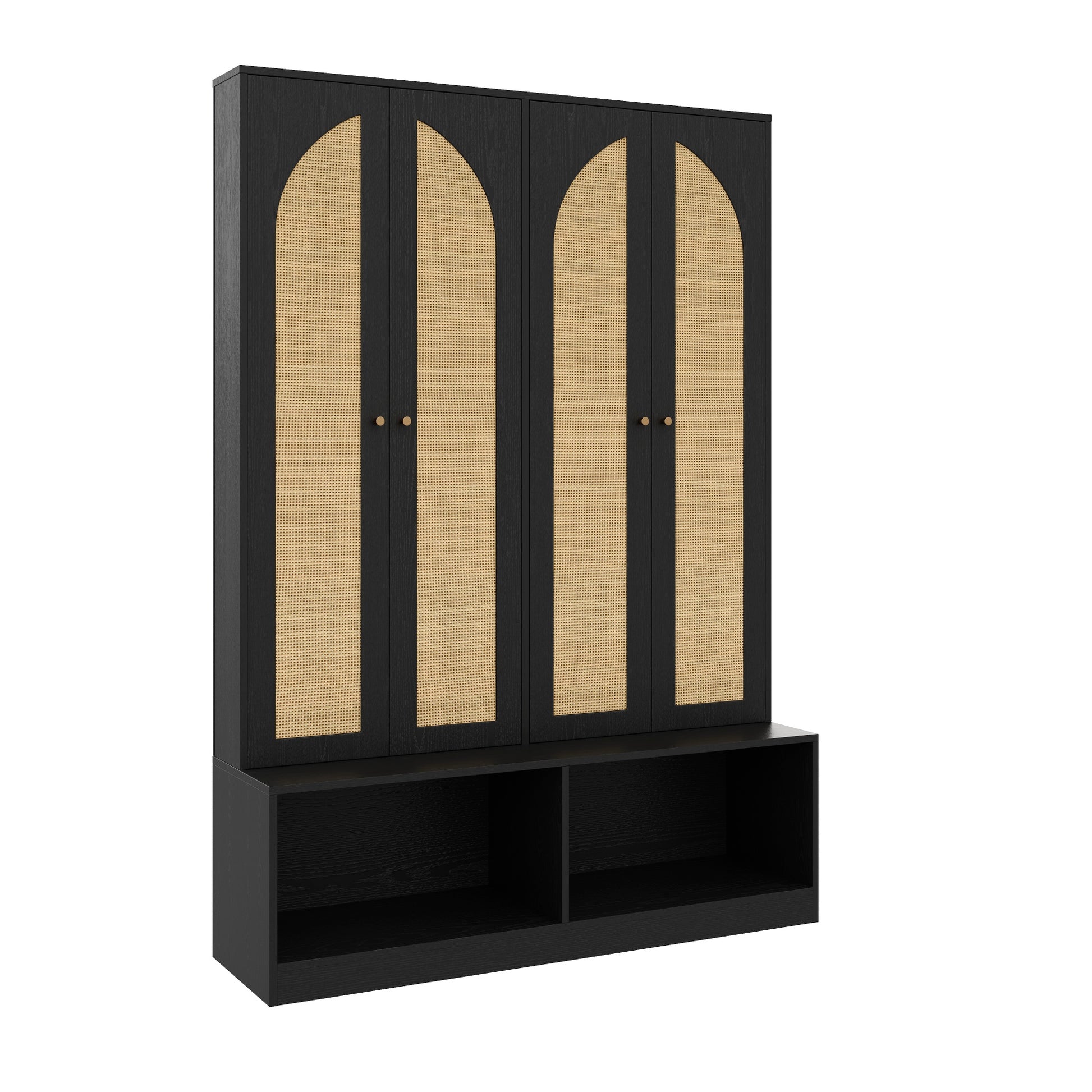 Living Room Black Rattan Farmhouse Hall Tree Bench with Shoe Cabinet for Entryway