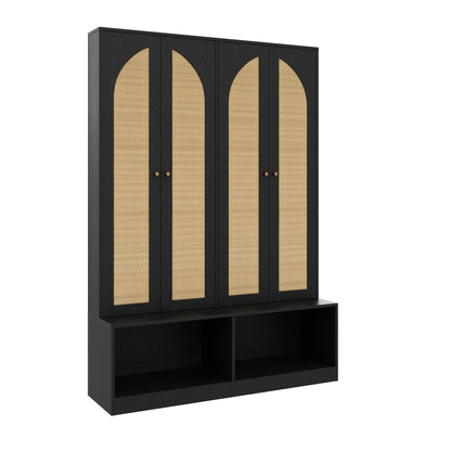 Living Room Black Rattan Farmhouse Hall Tree Bench with Shoe Cabinet for Entryway