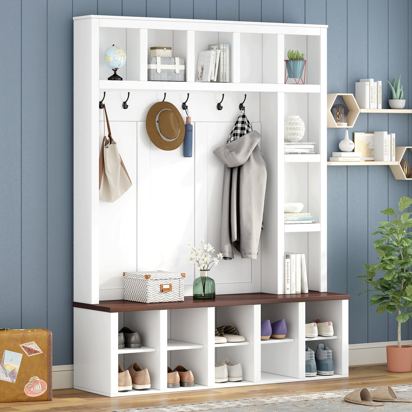 Farmhouse Wooden Hall Tree with 6 Hooks, Walnut Storage Bench with Adjustable Shelves, 4-in-1 Entryway Shoe Cabinet with Cubbies for Mudroom, Living Room, White, 76.7"H (OLD SKU: N721S000044K)
