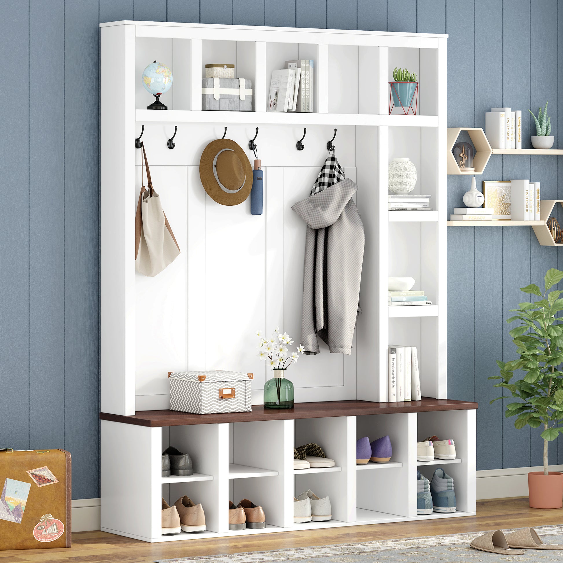Farmhouse Wooden Hall Tree with 6 Hooks, Walnut Storage Bench with Adjustable Shelves, 4-in-1 Entryway Shoe Cabinet with Cubbies for Mudroom, Living Room, White, 76.7"H (OLD SKU: N721S000044K)