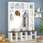 Farmhouse Wooden Hall Tree with 6 Hooks, Walnut Storage Bench with Adjustable Shelves, 4-in-1 Entryway Shoe Cabinet with Cubbies for Mudroom, Living Room, White, 76.7"H (OLD SKU: N721S000044K)