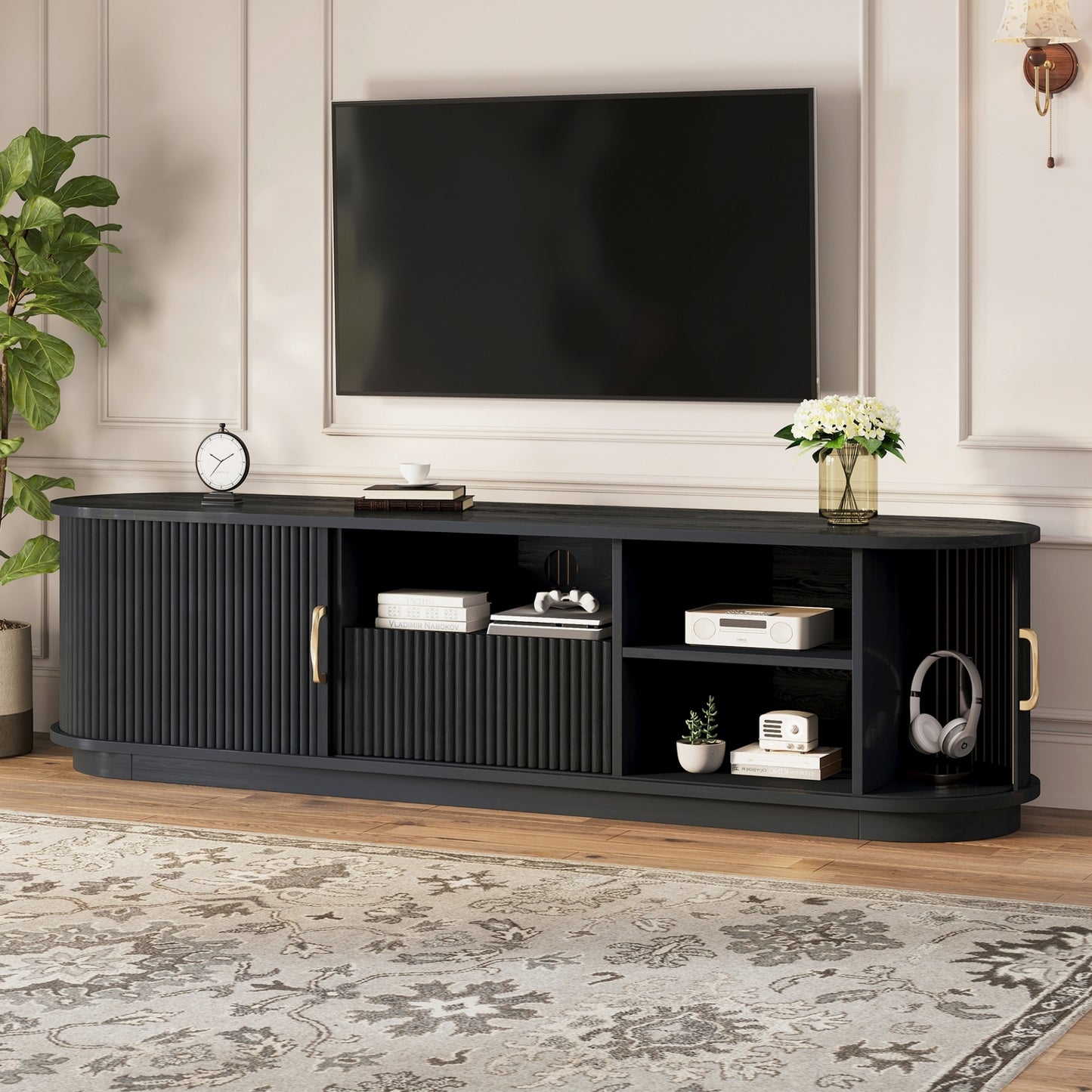 Vintage Rustic TV Stand with Sliding Wood Slatted Doors for TVs up to 75", Farmhouse Fluted TV Cabinet with Drawer, Wood Grain Media Console with Cable Management for Living Room, Bedroom, Black