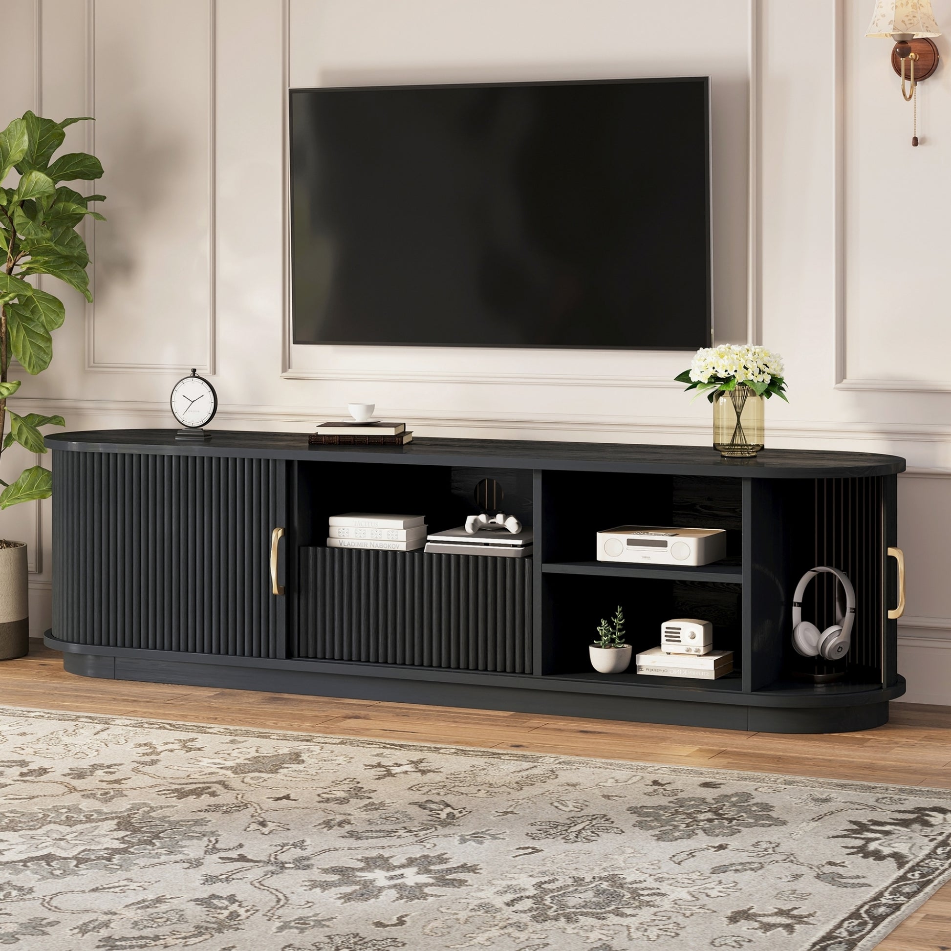 Vintage Rustic TV Stand with Sliding Wood Slatted Doors for TVs up to 75", Farmhouse Fluted TV Cabinet with Drawer, Wood Grain Media Console with Cable Management for Living Room, Bedroom, Black