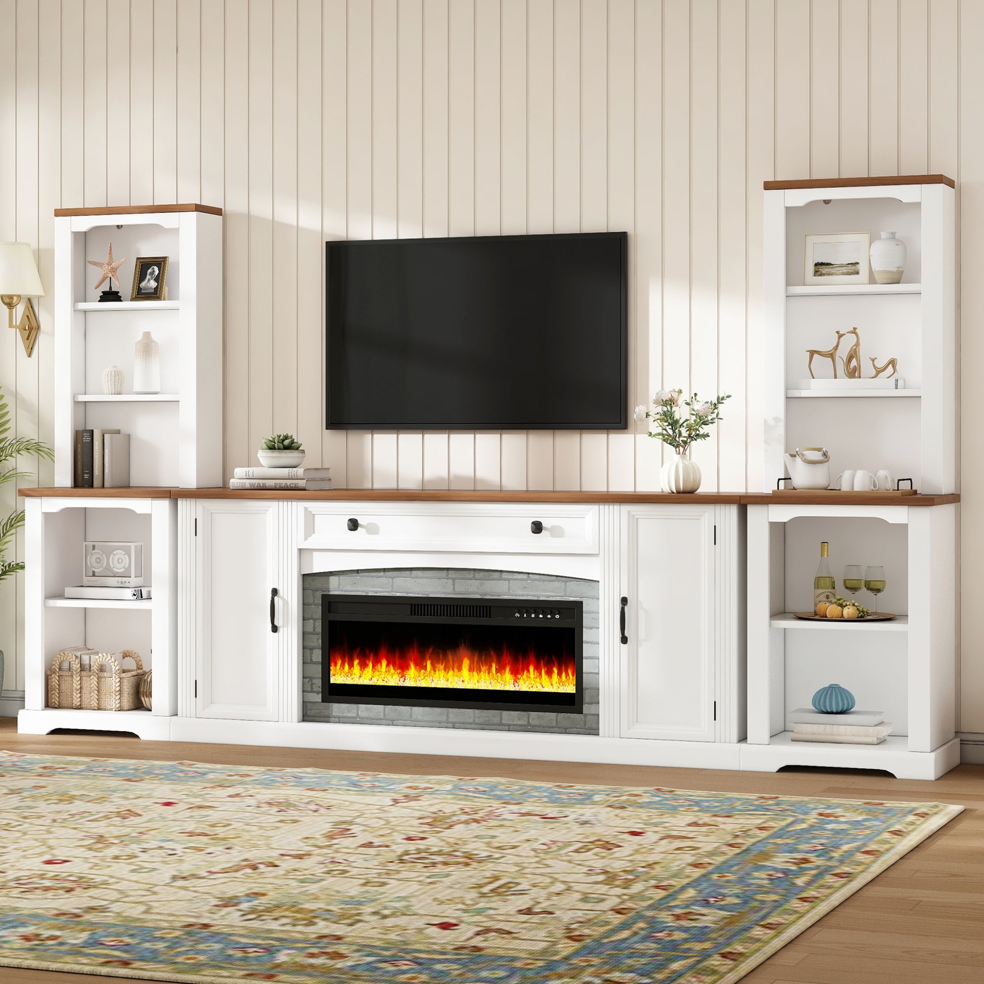 [Video Provided] 3-Piece Entertainment Center with Mantel - Electric Fireplace Heater for TVs Up to 70", Walnut TV Stand Set with Storage, Farmhouse TV Cabinet with Bookshelves for Living Room, White