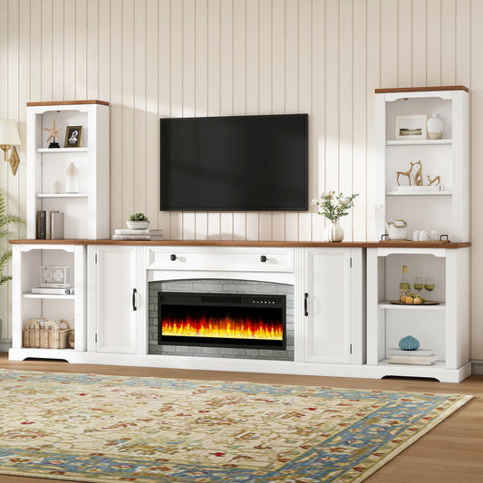 [Video Provided] 3-Piece Entertainment Center with Mantel - Electric Fireplace Heater for TVs Up to 70", Walnut TV Stand Set with Storage, Farmhouse TV Cabinet with Bookshelves for Living Room, White