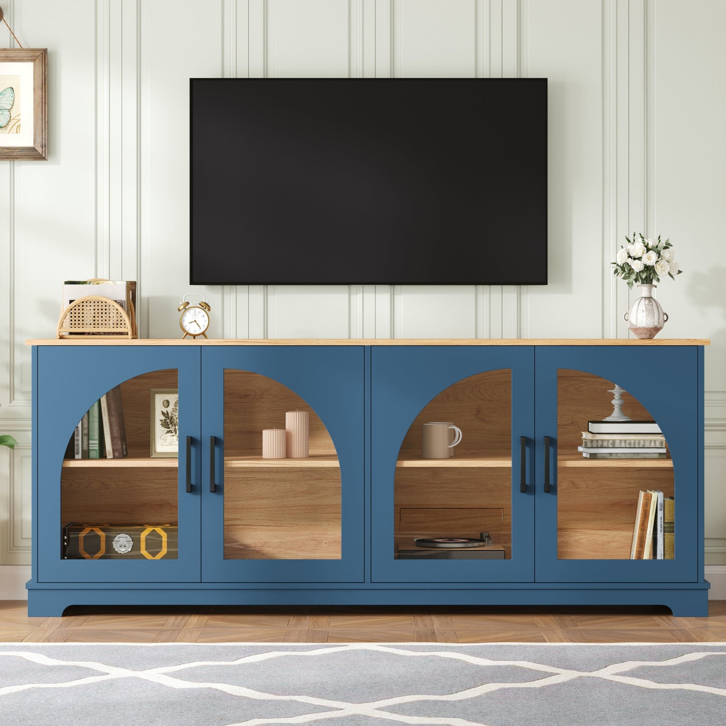 Blue MDF TV Stand with Glass Doors - 67" Media Console