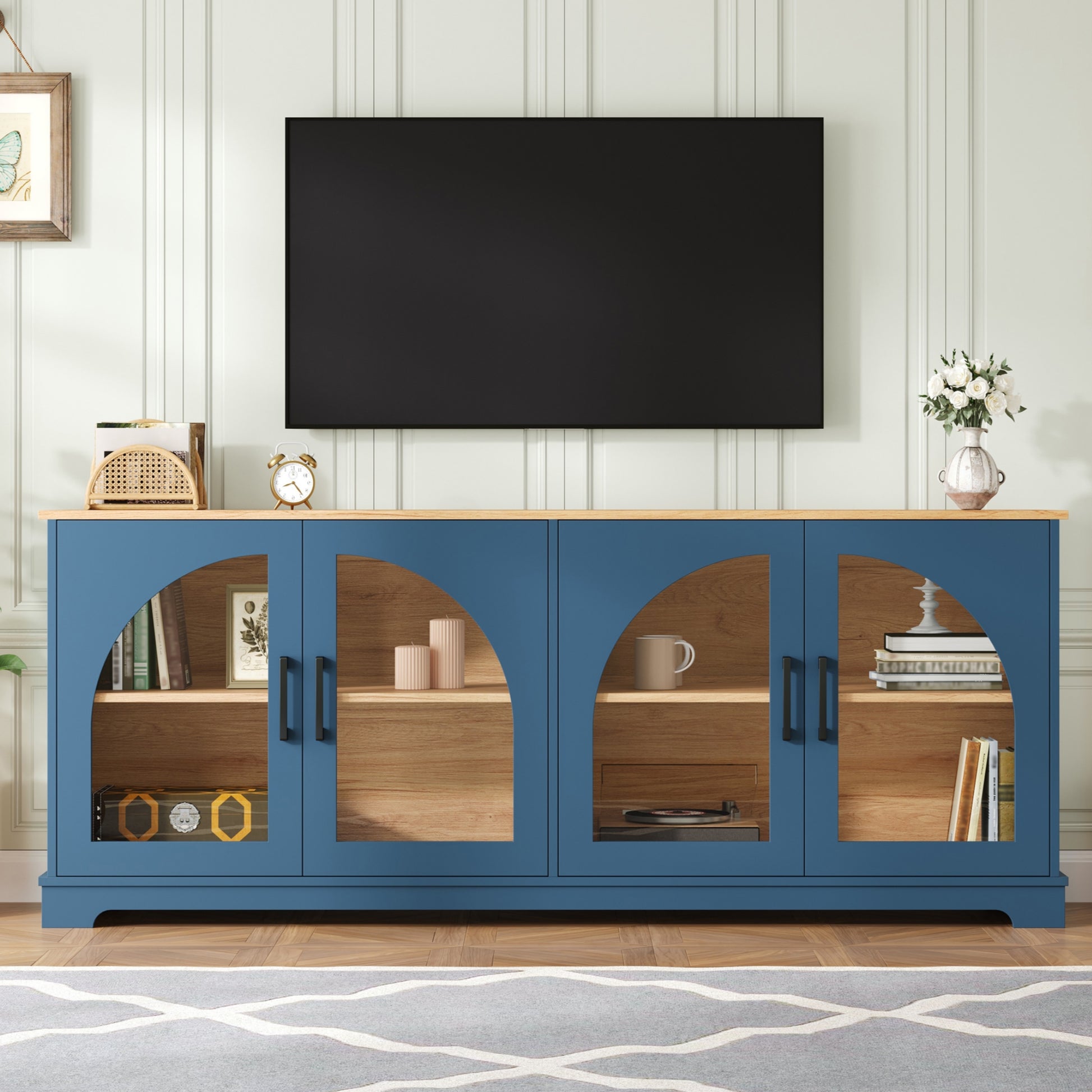 Blue MDF TV Stand with Glass Doors - 67" Media Console