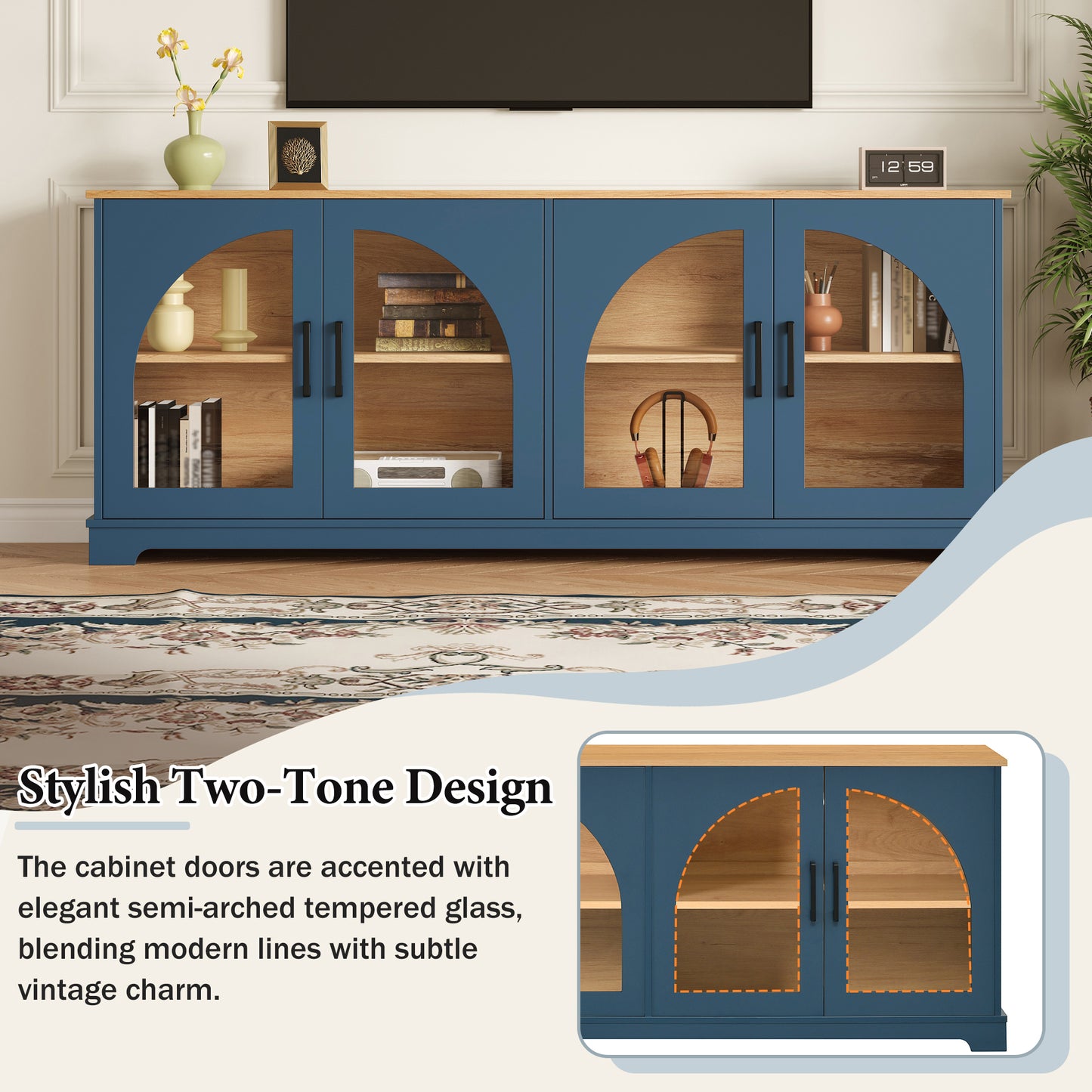 Blue MDF TV Stand with Glass Doors - 67" Media Console