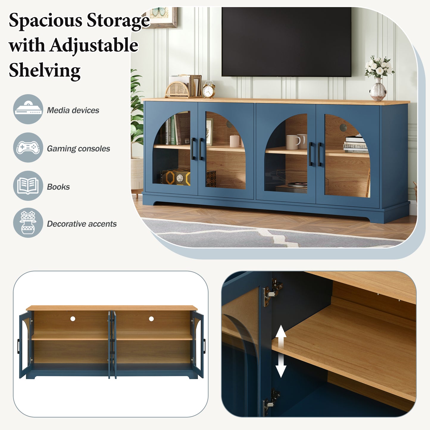 Blue MDF TV Stand with Glass Doors - 67" Media Console