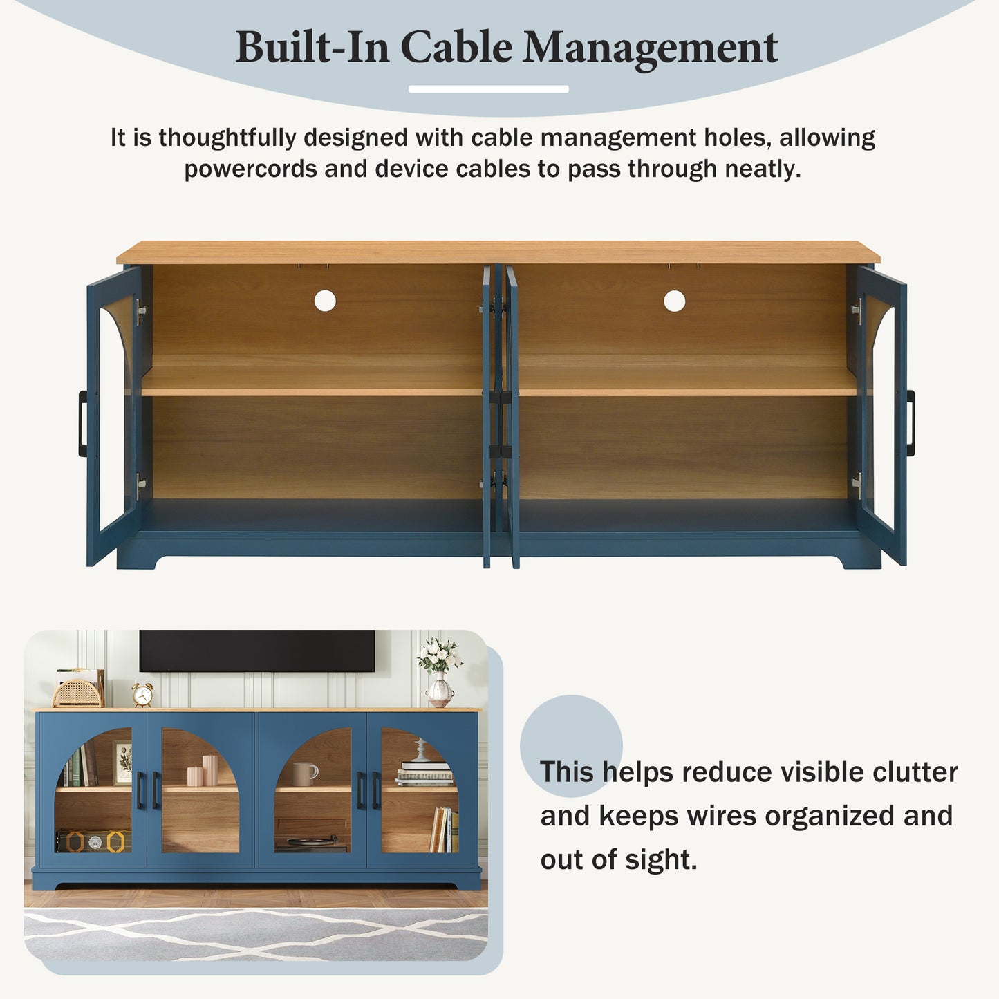 Blue MDF TV Stand with Glass Doors - 67" Media Console