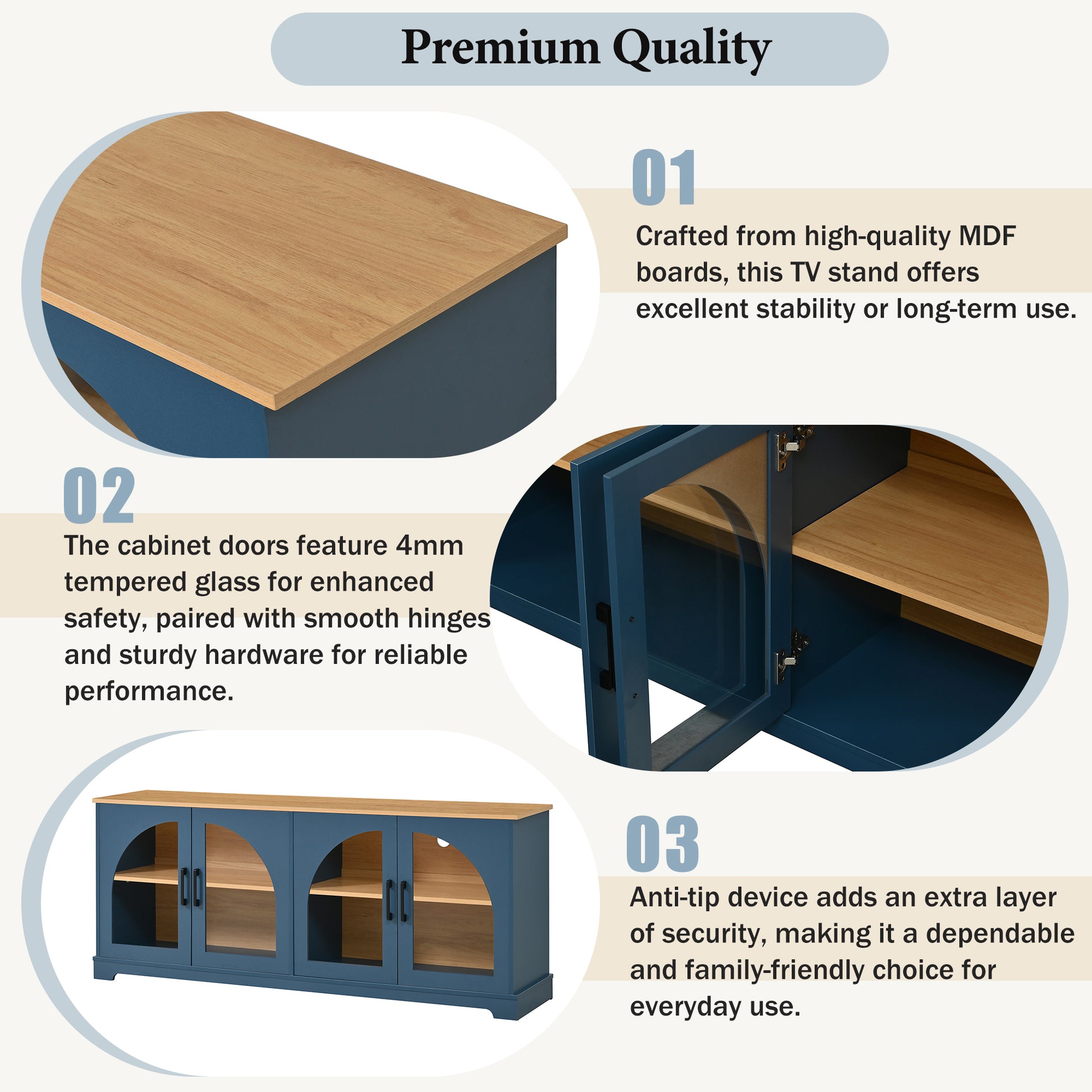 Blue MDF TV Stand with Glass Doors - 67" Media Console
