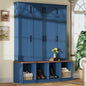 Farmhouse Hall Tree with 4 Hidden Hanging Hooks, Versatile Walnut Seating Bench with 8 Doors, Entryway Shoe Cabinet with Open Compartment for Living Room, Blue (OLD SKU:N721S000059C)