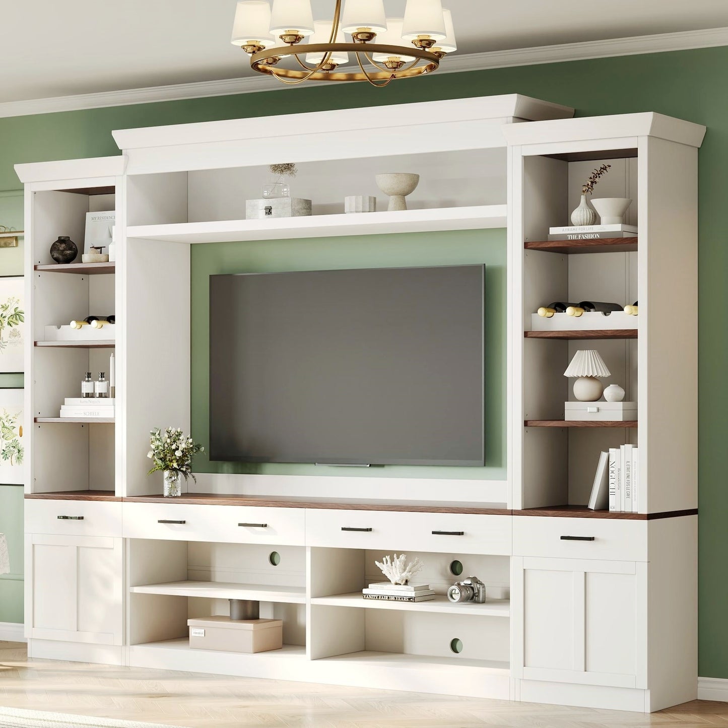 Farmhouse 4-Piece Entertainment Center with Bookshelf for TVs Up to 70", Walnut TV Stand with Adjustable Shelves, Mid-Century Media Console with Wine Rack for Living Room, White(OLD SKU: N721S000046K)