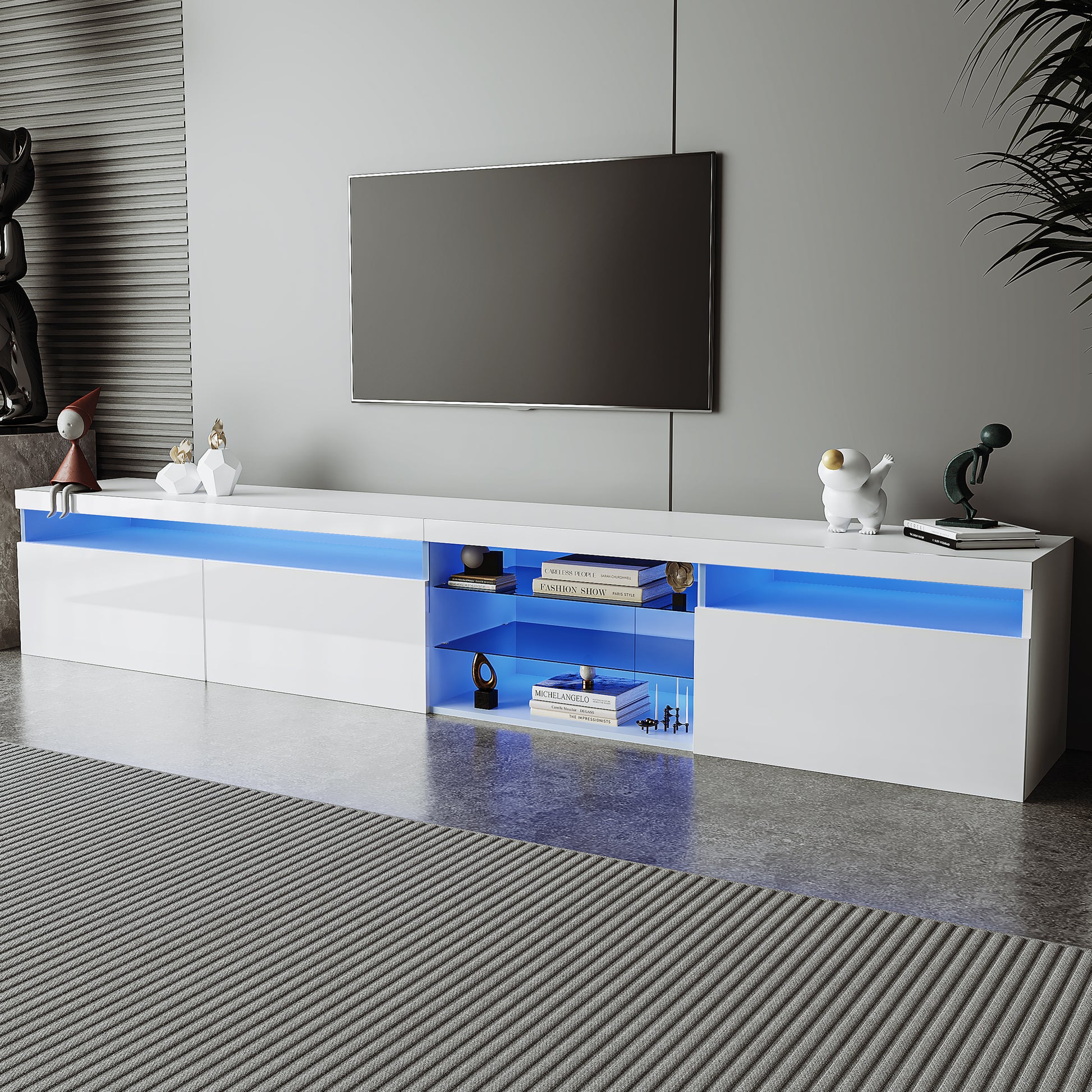 Unique Design TV Stand with 2 Glass Shelves, Ample Storage Space Media Console for TVs Up to 105", Versatile TV Cabinet with LED Color Changing Lights for Living Room, White (OLD SKU: WF314584AAK)
