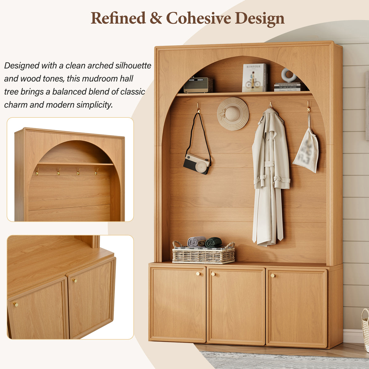 Natural MDF Hall Tree with Bench - 48" Entryway Storage
