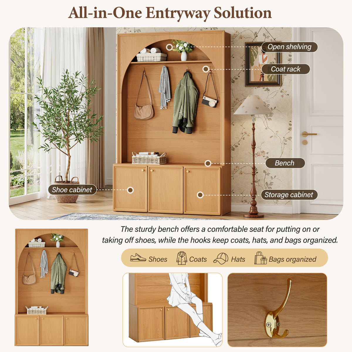 Natural MDF Hall Tree with Bench - 48" Entryway Storage