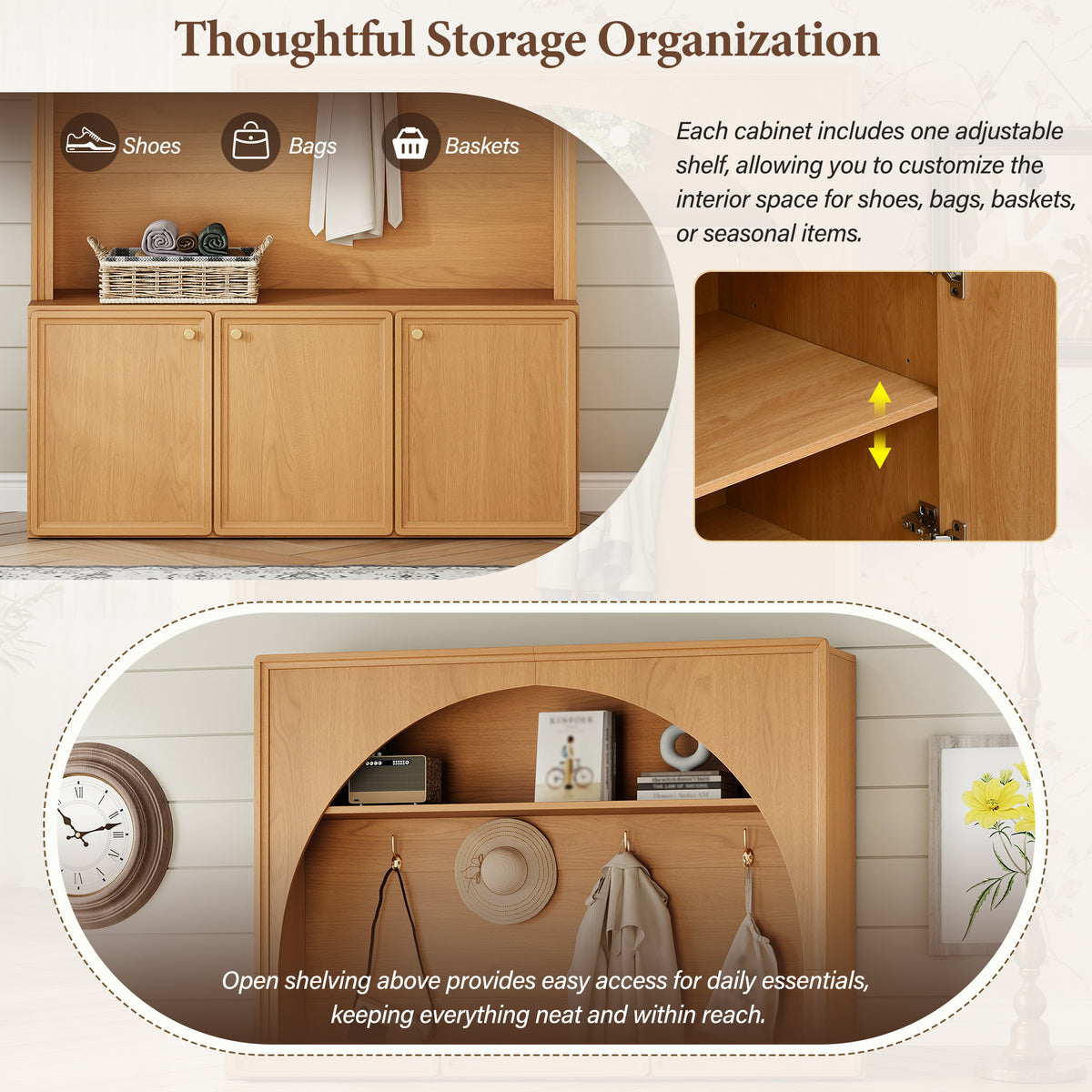 Natural MDF Hall Tree with Bench - 48" Entryway Storage