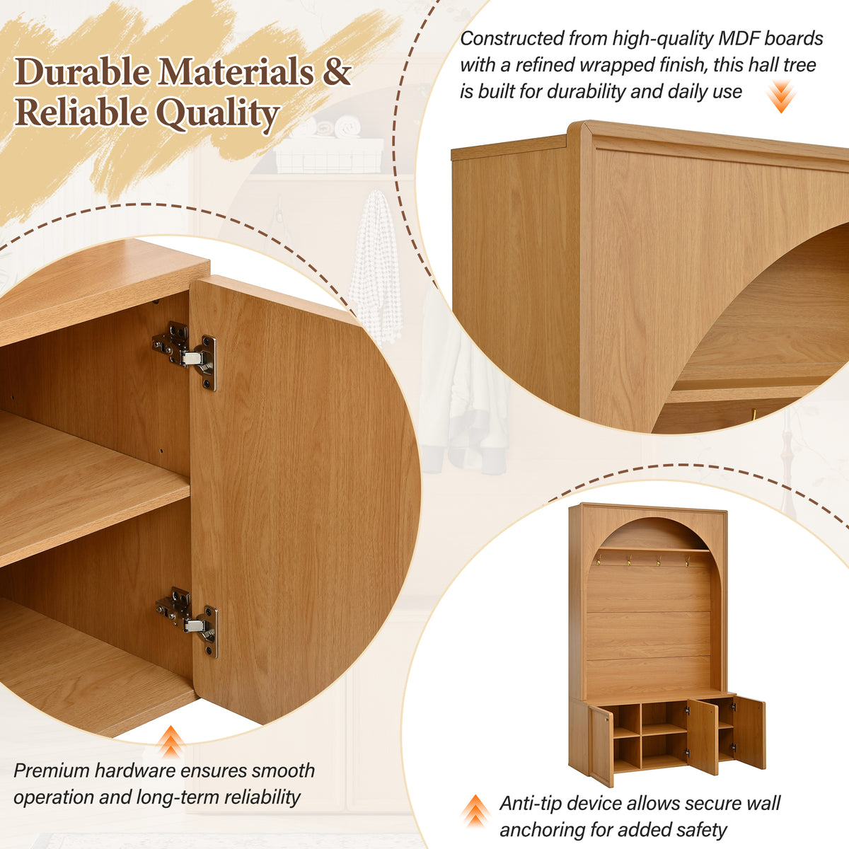Natural MDF Hall Tree with Bench - 48" Entryway Storage