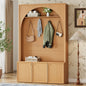 ON-TREND Farmhouse All-in-One Hall Tree with Adjustable Shelves, Retro Arched Entryway Storage Bench with 3 Cabinets, Wooden Coat Rack Organizer with 4 Golden Hooks for Mudroom, Hallway, Natural/Teak