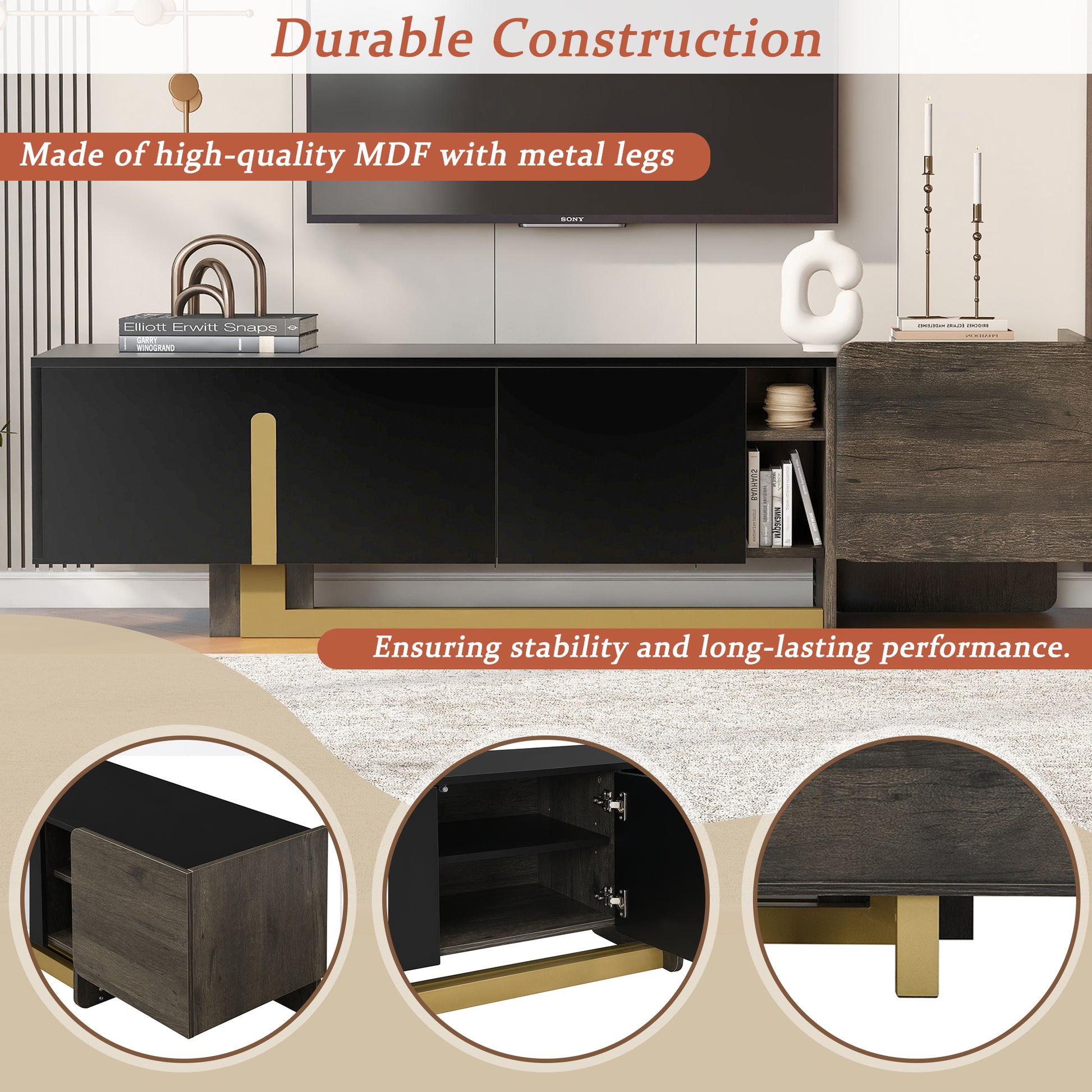 66.7" TV Stand with Storage - Black MDF Metal for Living Room