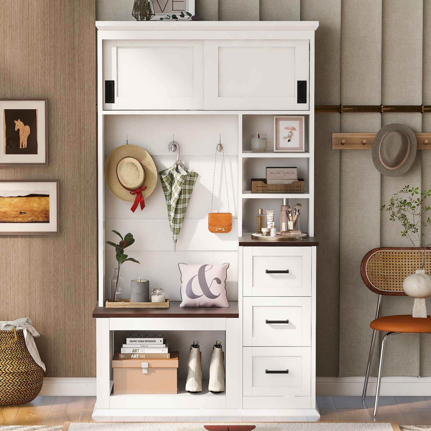 White+Walnut Entryway Bench with Coat Hooks & Storage for Living Room