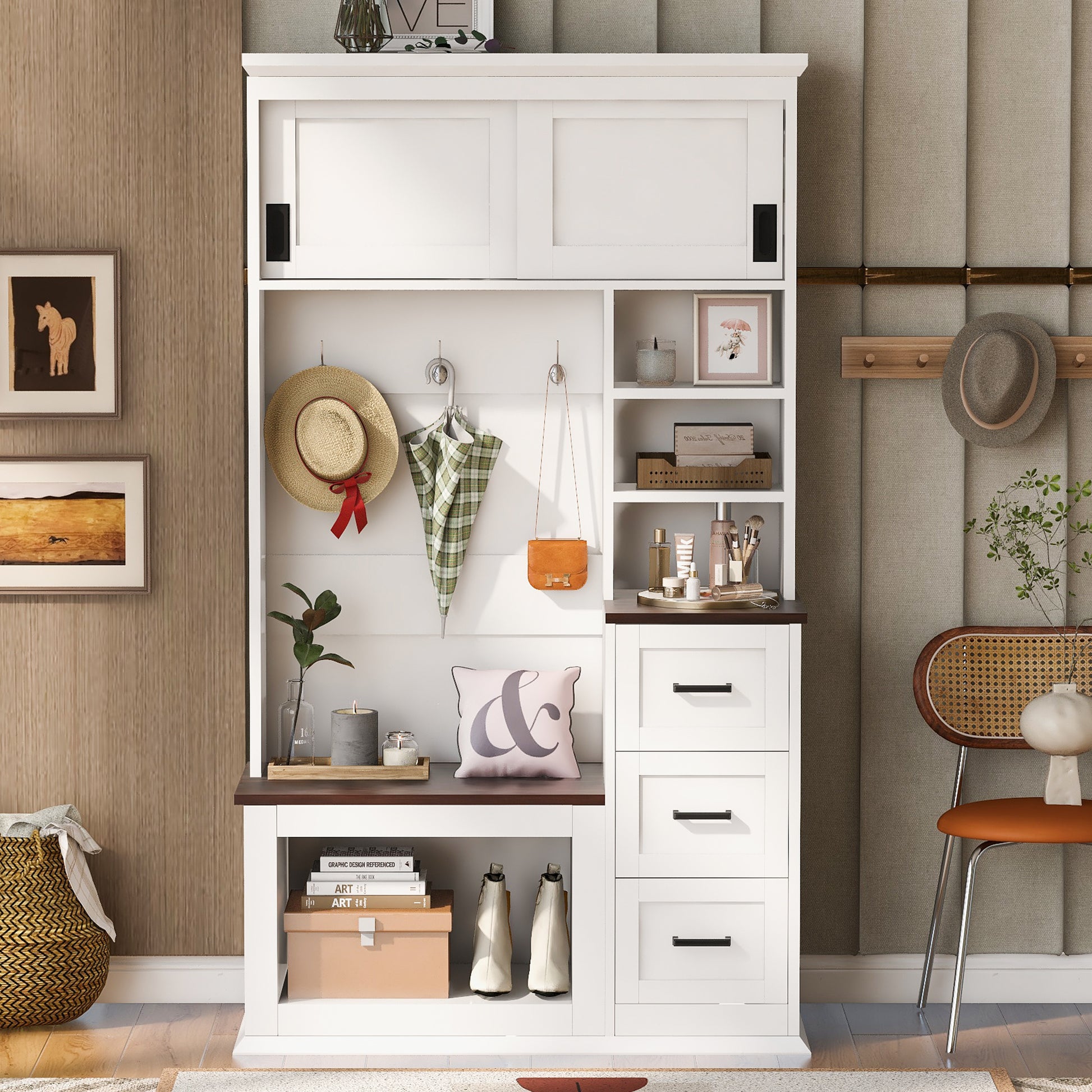 White+Walnut Entryway Bench with Coat Hooks & Storage for Living Room
