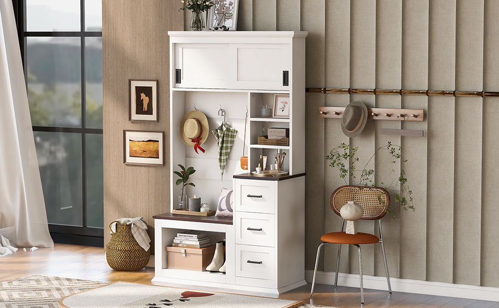 White+Walnut Entryway Bench with Coat Hooks & Storage for Living Room