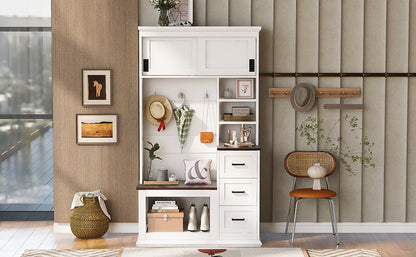 White+Walnut Entryway Bench with Coat Hooks & Storage for Living Room