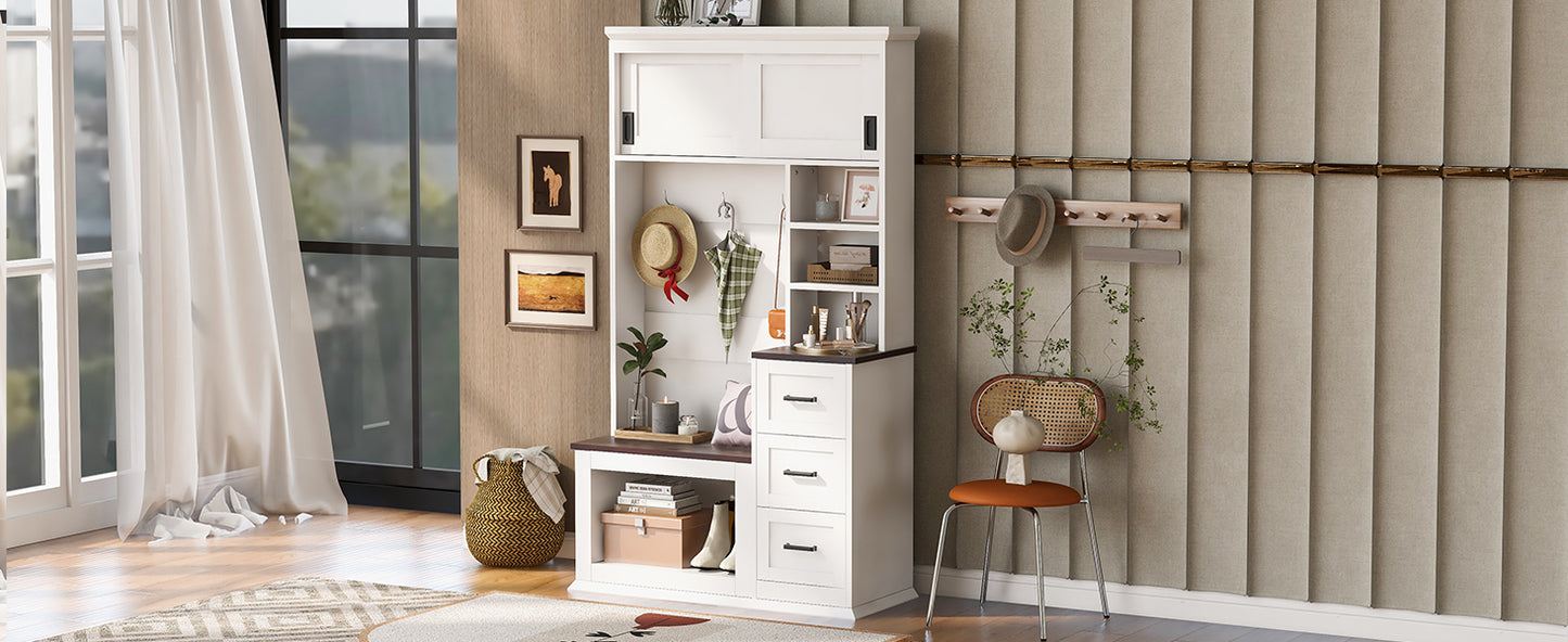 White+Walnut Entryway Bench with Coat Hooks & Storage for Living Room