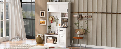 White+Walnut Entryway Bench with Coat Hooks & Storage for Living Room