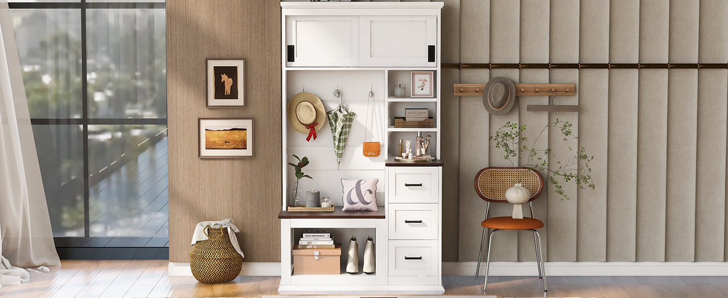 White+Walnut Entryway Bench with Coat Hooks & Storage for Living Room