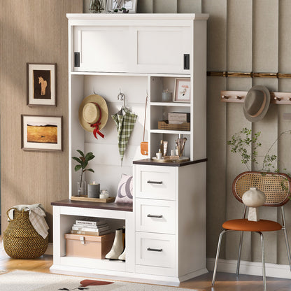 U-Can Modern Entryway Bench with Coat Rack, 3 Shelves and Drawers, 3 Sturdy Hooks, 40.2'' Wide Hall Tree with Storage Bench for Hallway, Entryway, Living Room