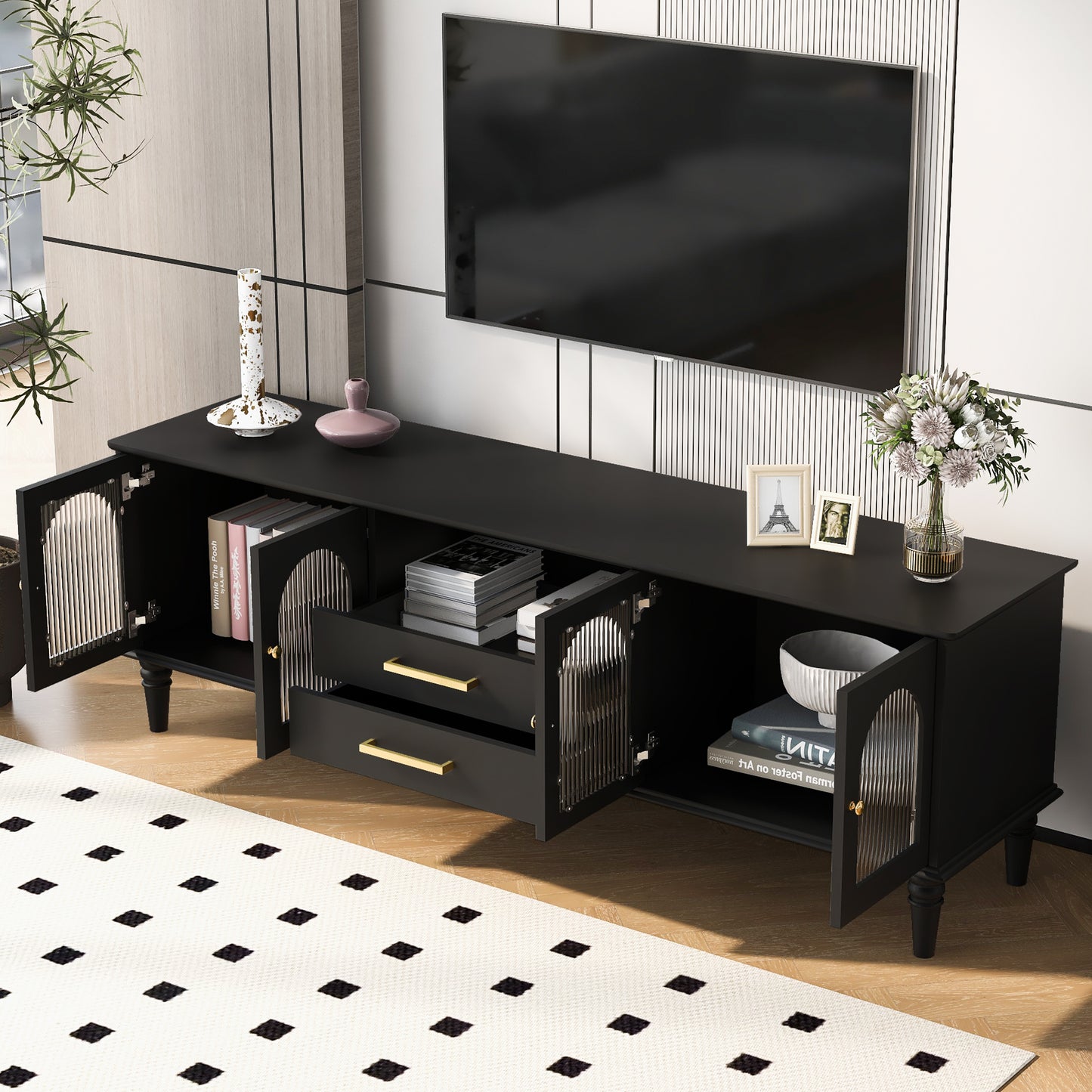 Black MDF TV Stand - Retro Style, 75" TVs Up to 23.00" for Living Room