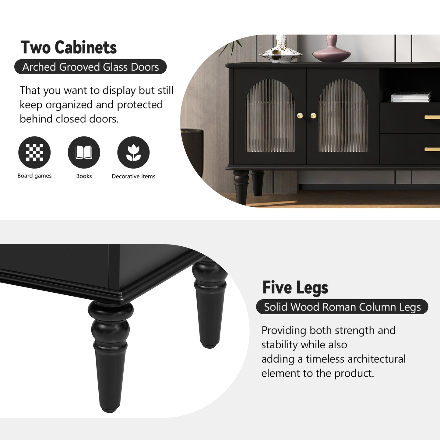 Black MDF TV Stand - Retro Style, 75" TVs Up to 23.00" for Living Room