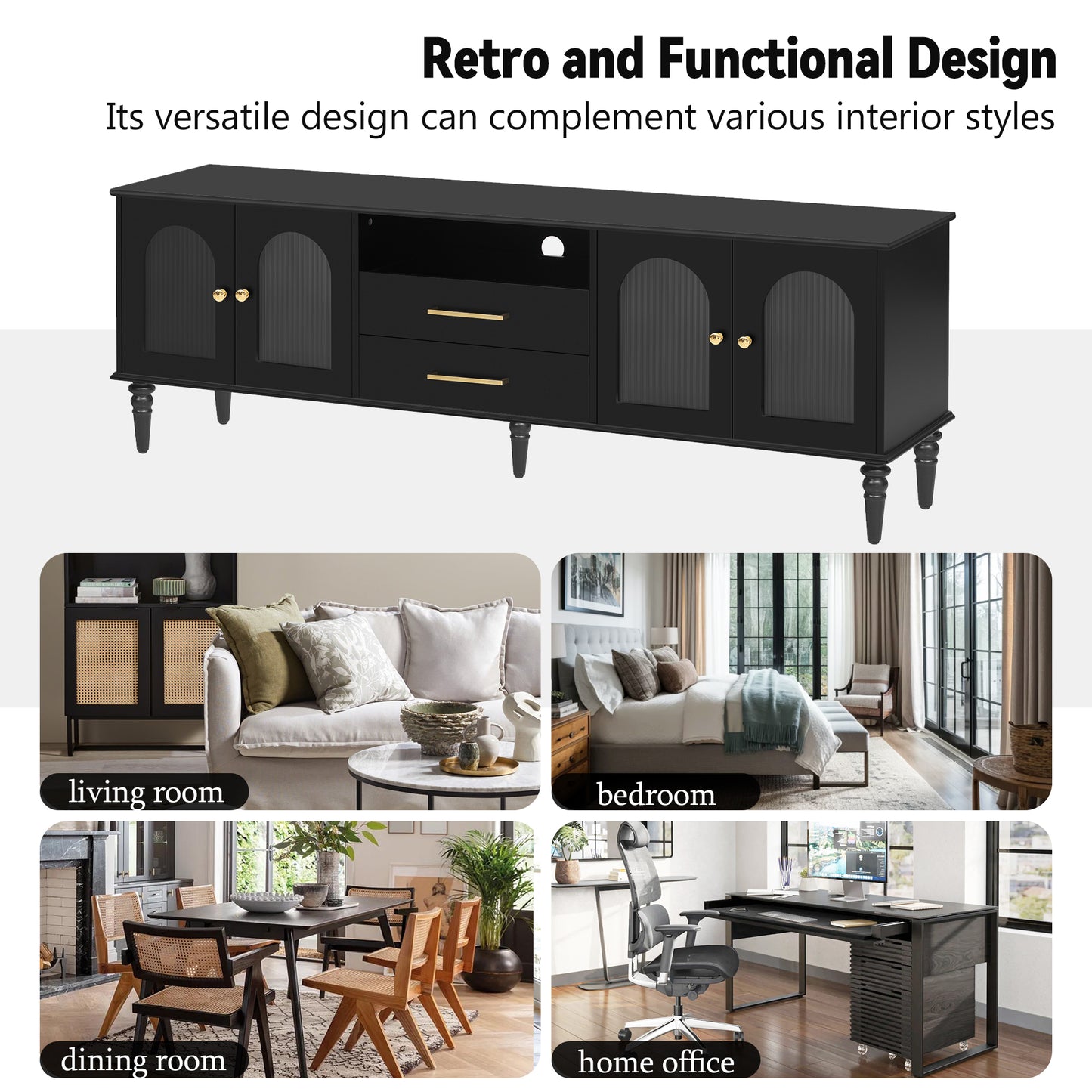 Black MDF TV Stand - Retro Style, 75" TVs Up to 23.00" for Living Room