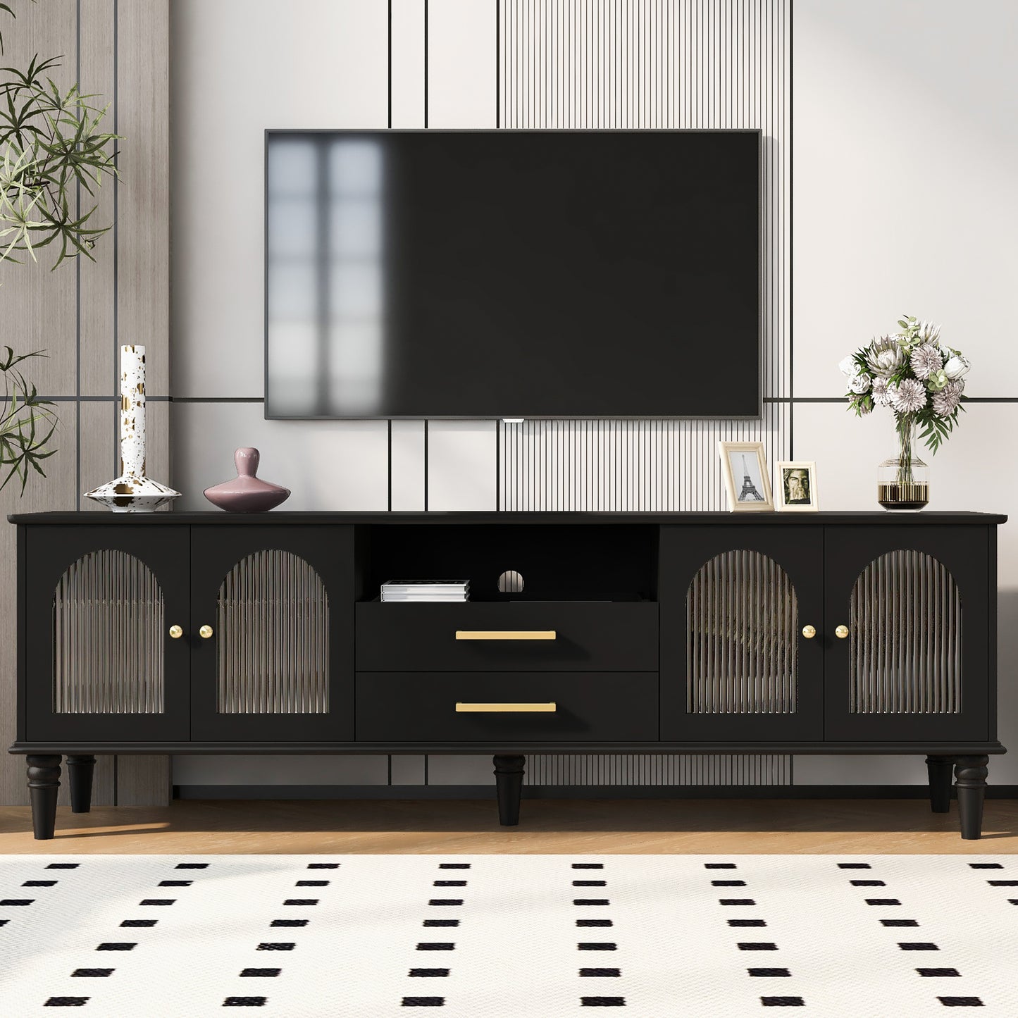 VIBE HAUS 68.9'' Retro TV Stand for TVs up to 75 Inches, Entertainment Center Media Console with Fluted Glass Doors and Five Solid Wood Legs for Living room(OLD SKU:N724P198468B)